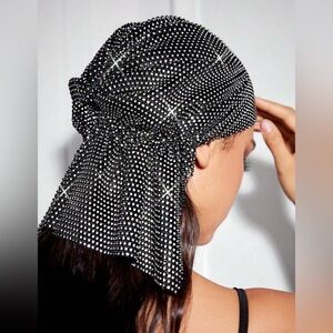 1pc Women's Cute Rhinestone Elastic Fishnet Hat With Rhinestone Elastic Headband
